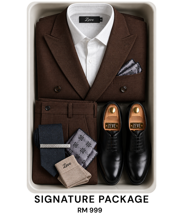 Brown suit with white shirt, black dress shoes, tie, socks, and pocket square — Signature Package