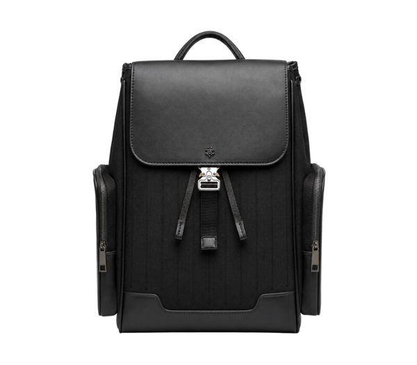Black leather backpack with front flap, side pockets, and metal buckle closure for men's formal or casual use