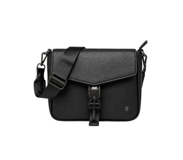 Black textured leather messenger bag with adjustable strap and buckle closure for men