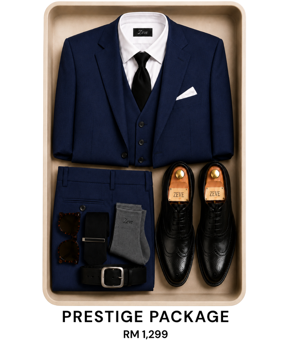 Navy blue men's suit with vest, white shirt, black tie, dress shoes, socks, belt, and sunglasses in Prestige Package