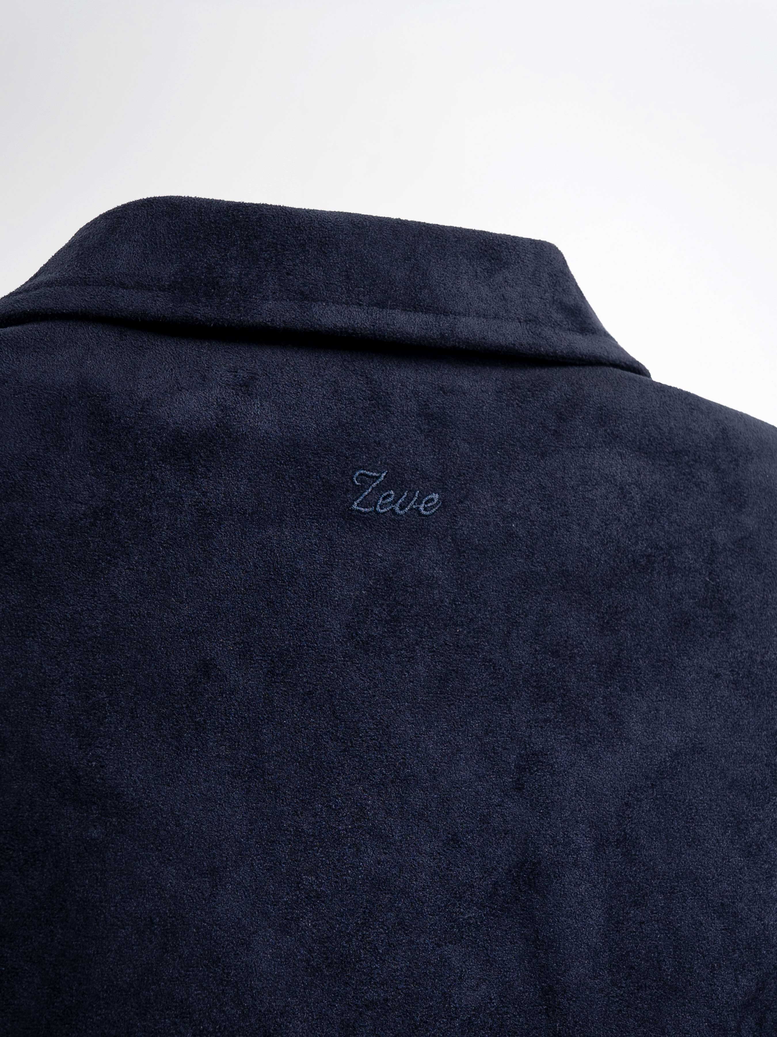 Dark navy men's suede jacket with embroidered Zeve logo, stylish formal outerwear