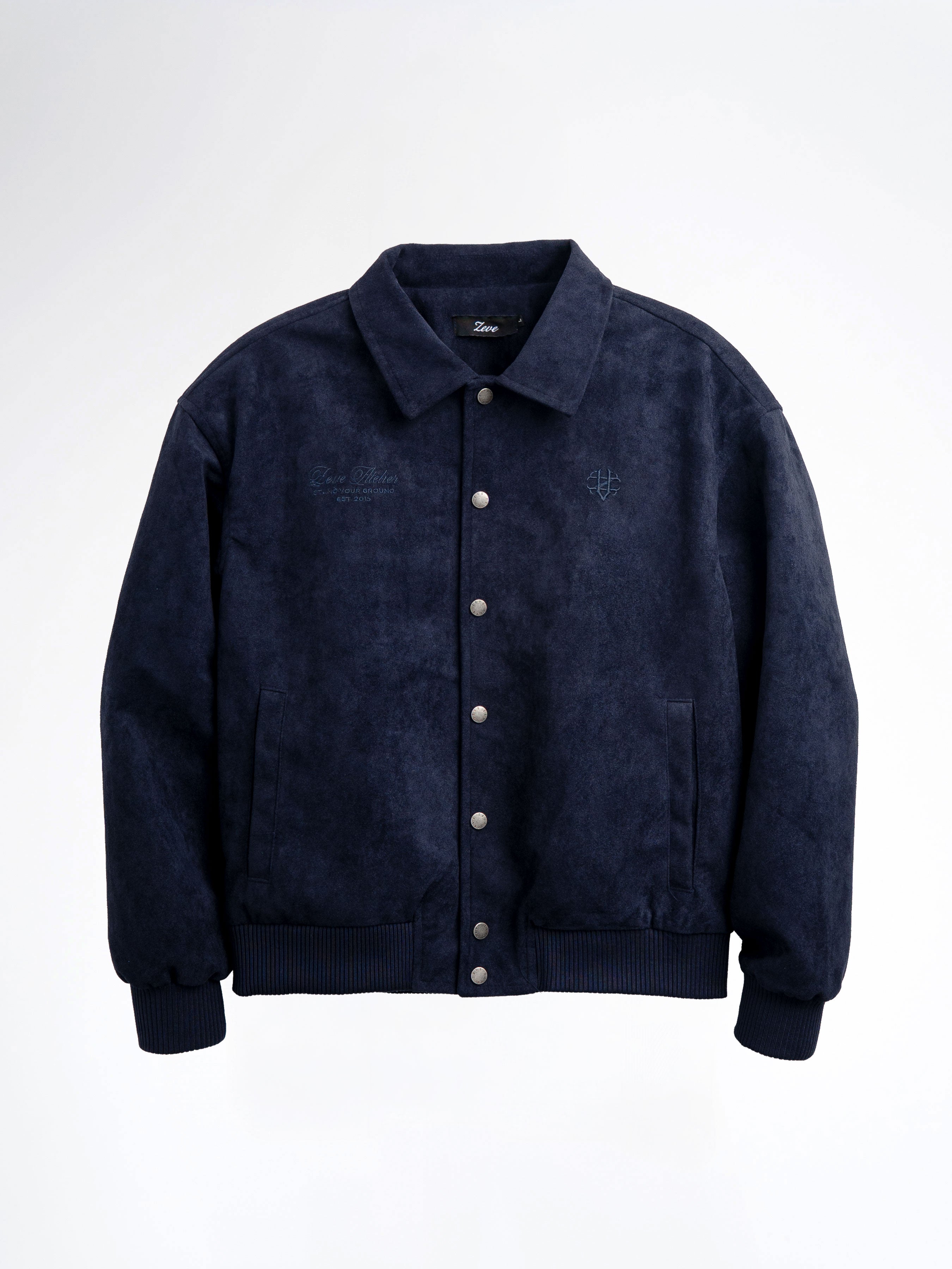 Navy blue men's suede bomber jacket with embroidered logo, button front, and ribbed cuffs for stylish casual wear.