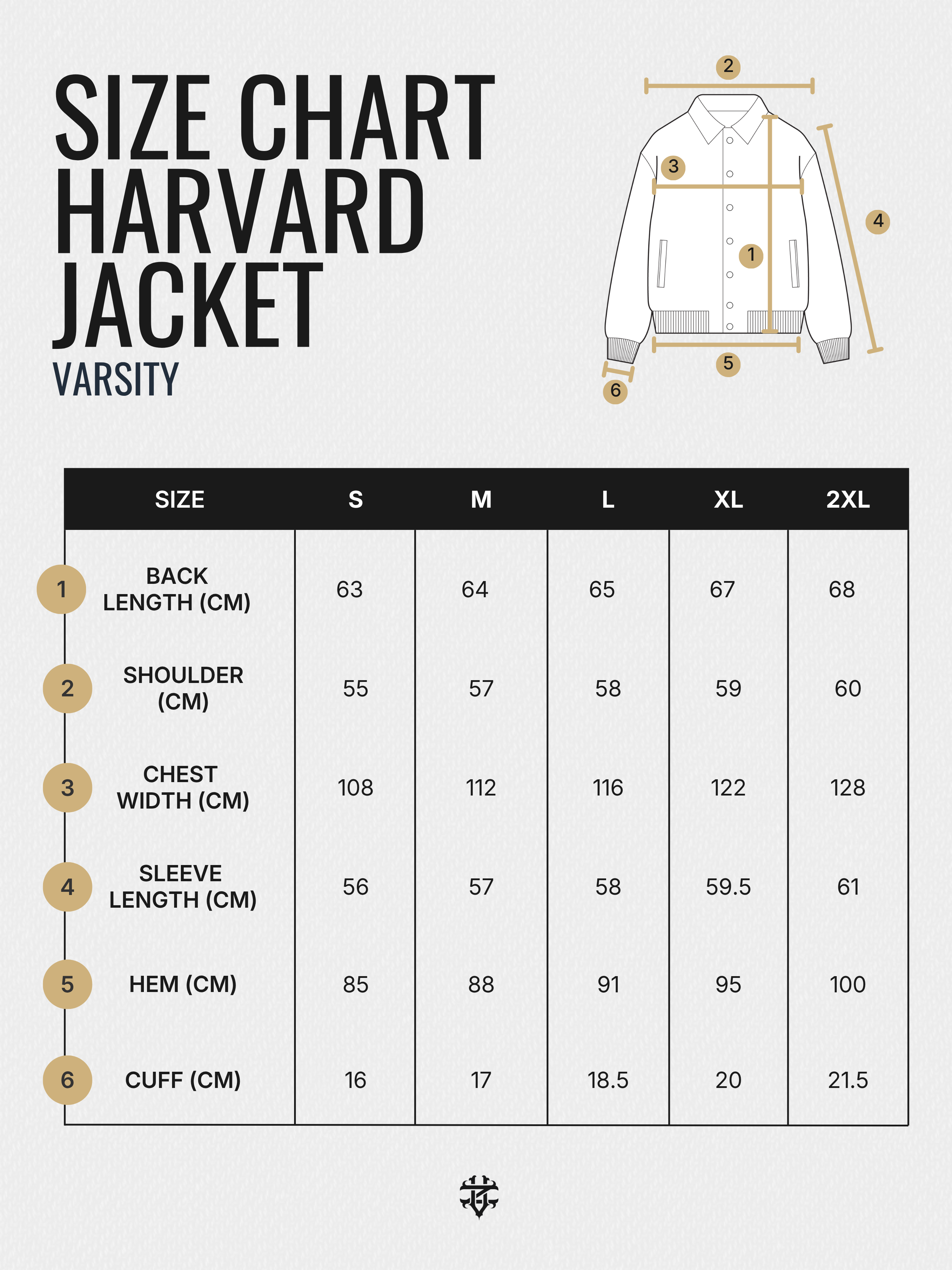 Harvard Varsity Jacket size chart with measurements for men's apparel