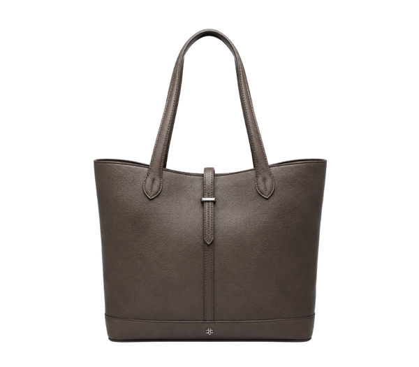 Stylish gray leather tote bag with top handles and front strap detail, perfect for everyday use.