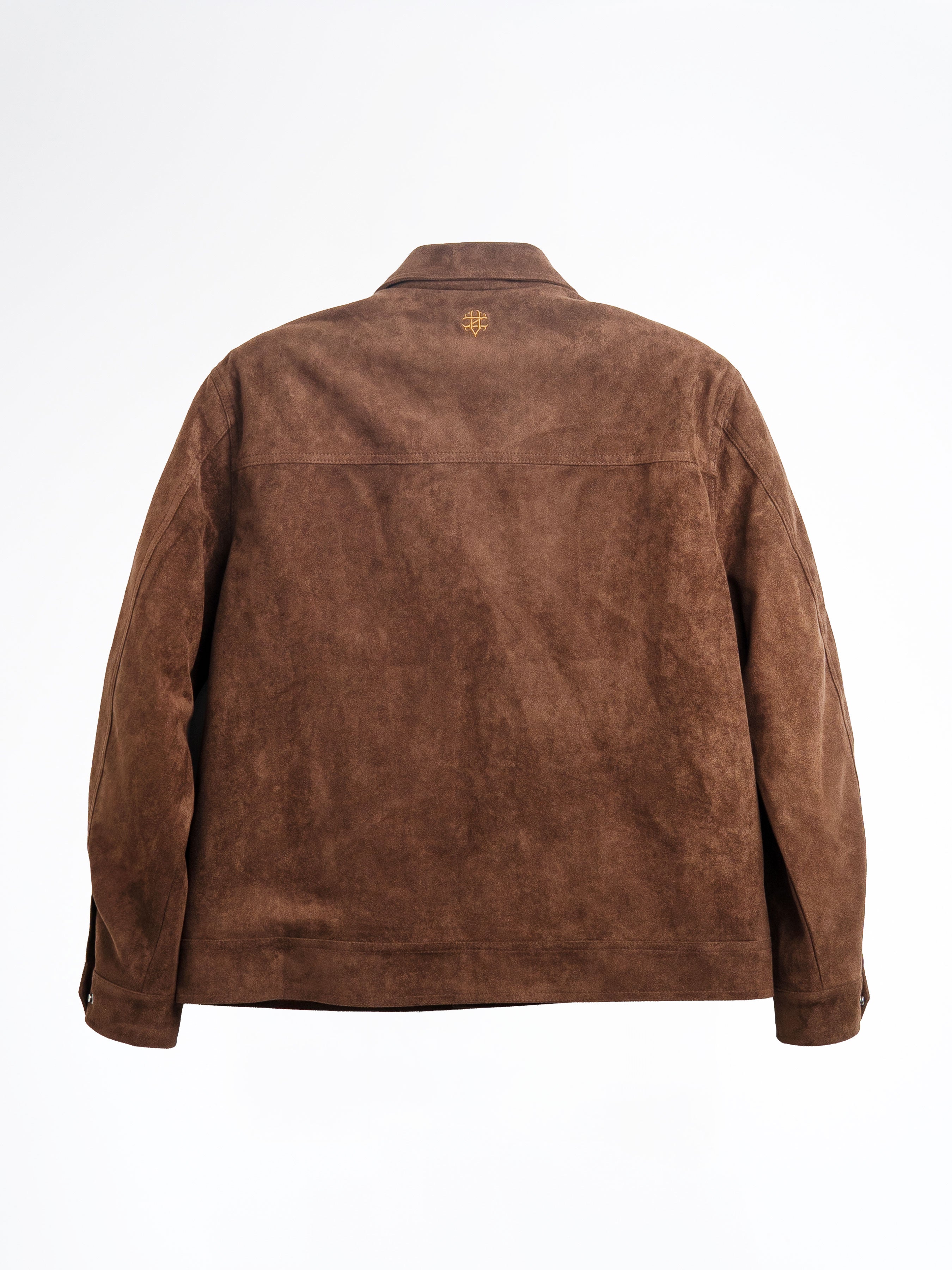 Brown suede men's jacket with embroidered logo, stylish casual outerwear for Malaysia