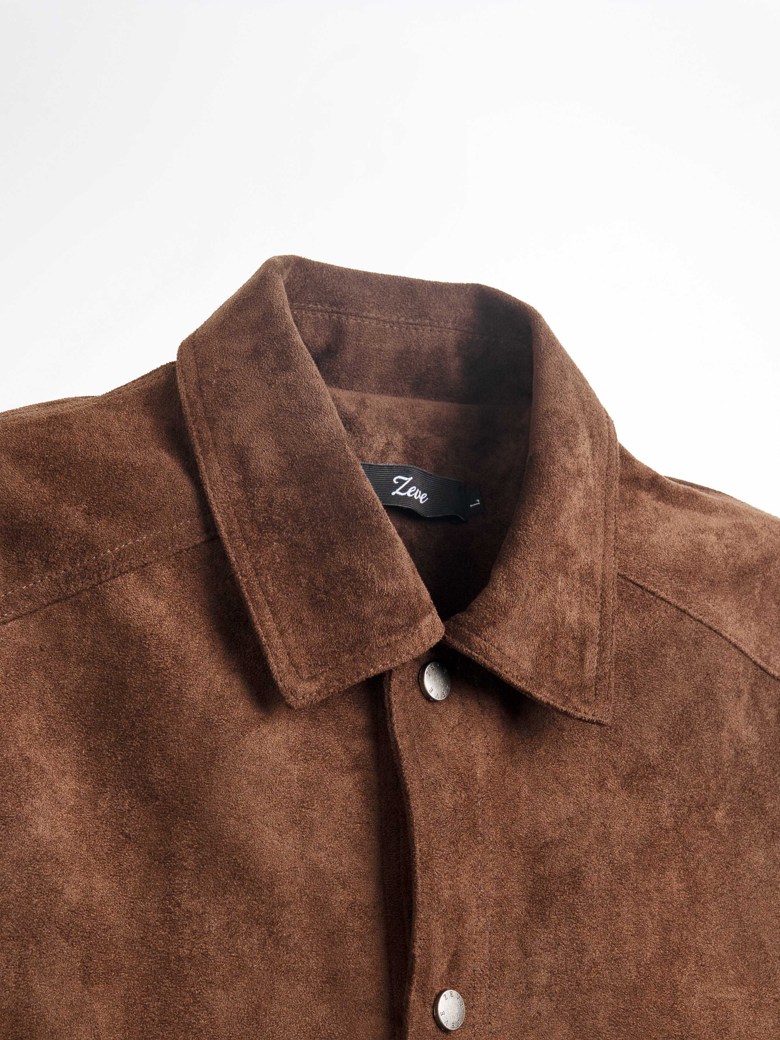 Brown suede men's shirt with Zeve brand label and button detail
