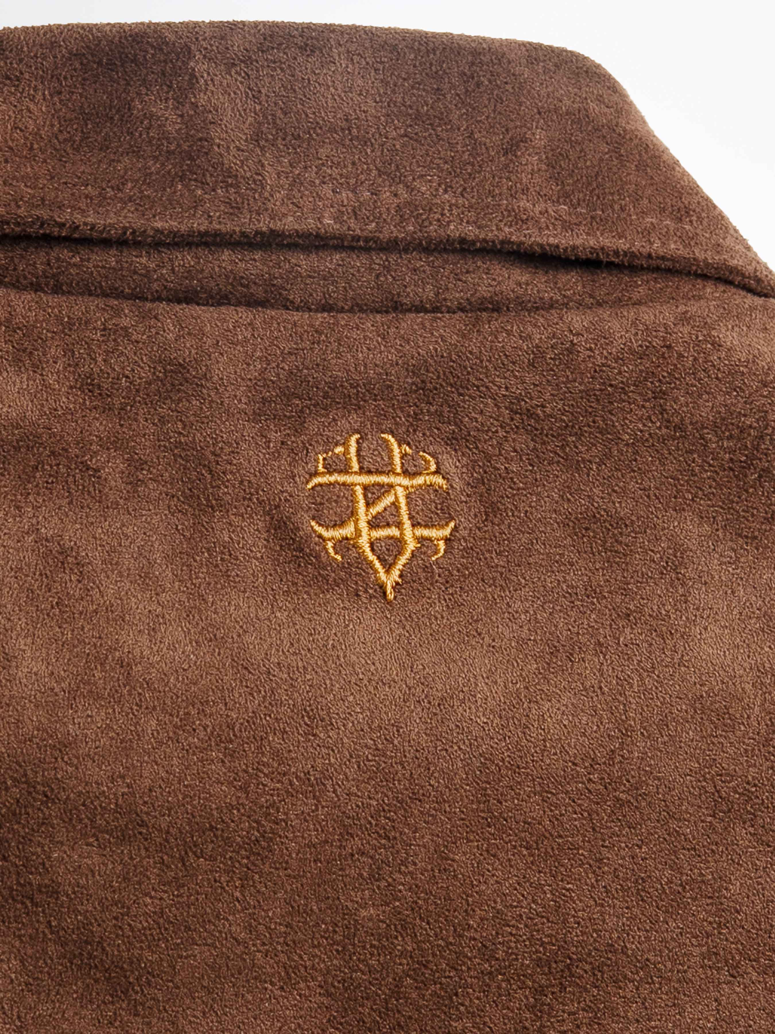 Brown suede men's jacket with gold embroidered logo detail