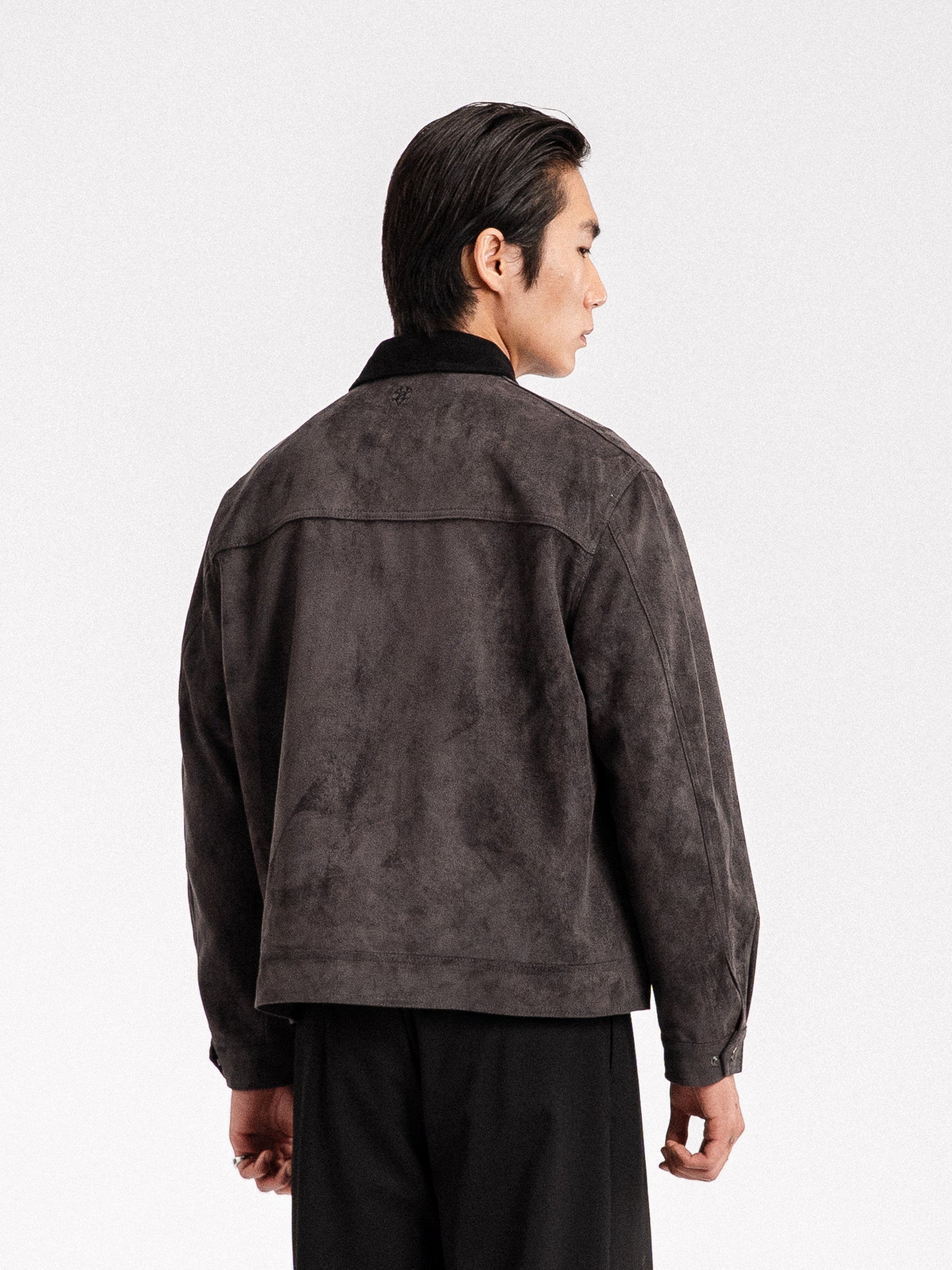 Men's dark textured jacket with black collar, back view, stylish casual wear