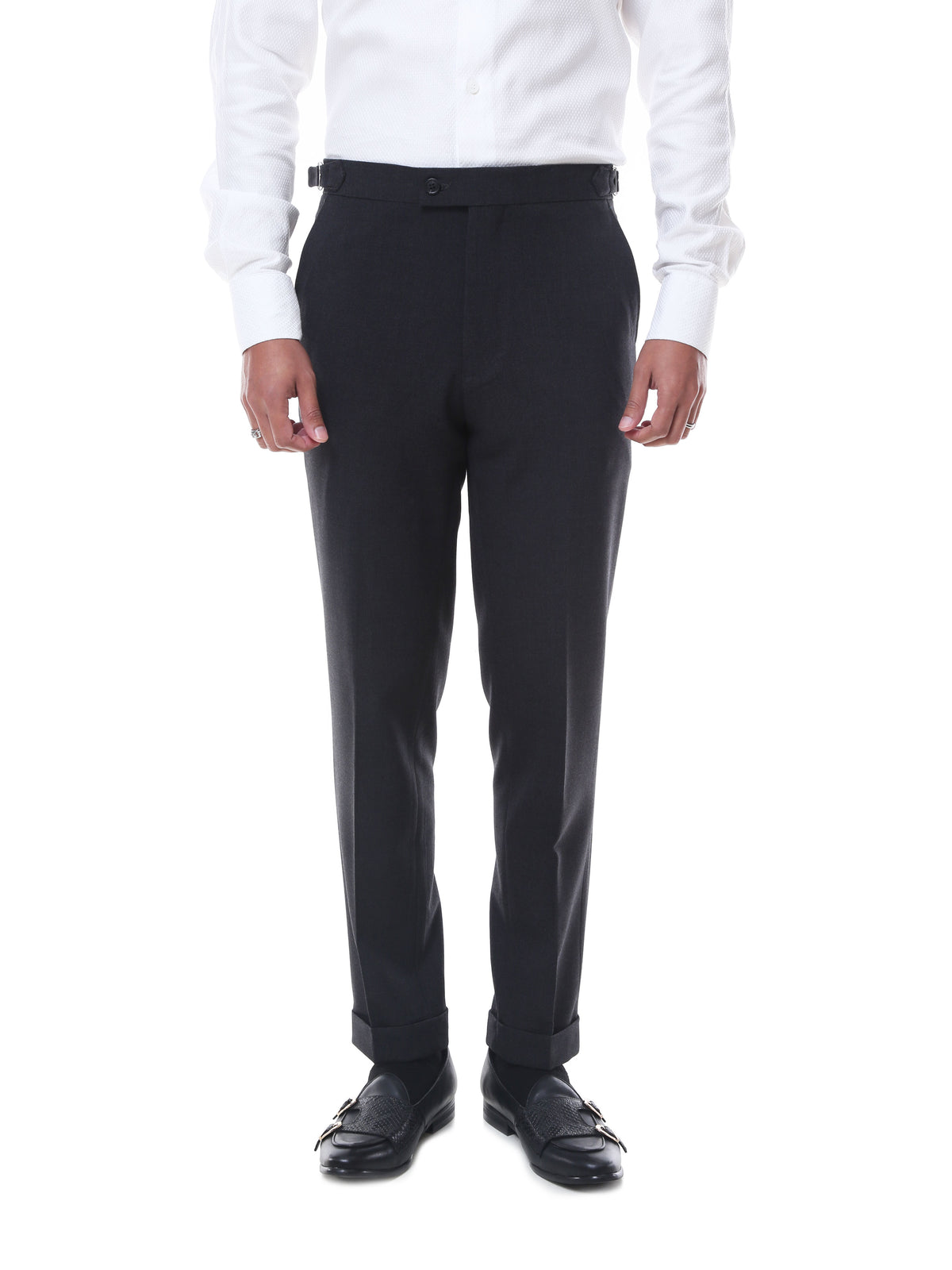 Trousers With Side Adjusters - Dark Grey Plain Cuffed (Stretchable