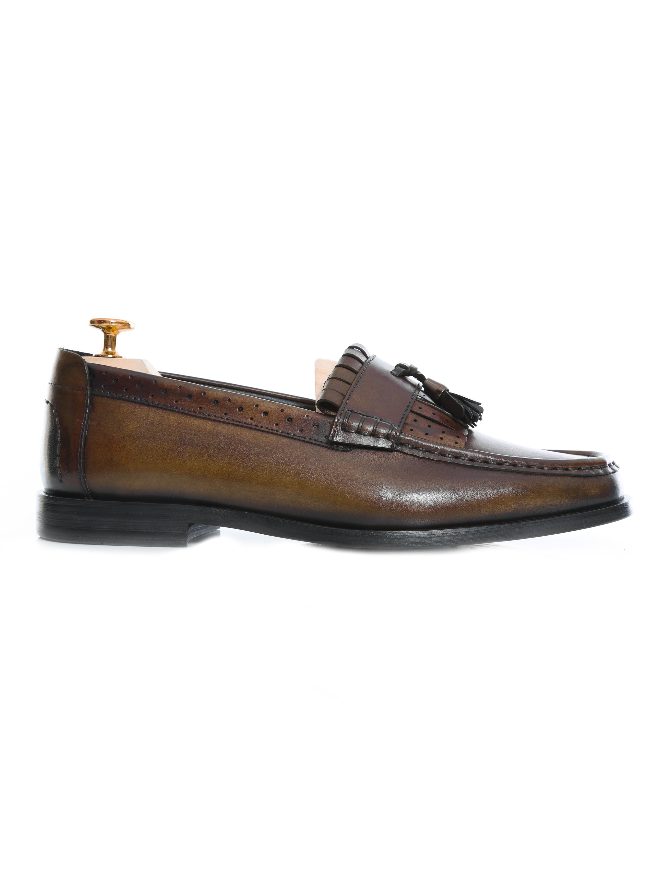 Men's brown hand-painted leather fringe loafer with tassel, classic formal shoe