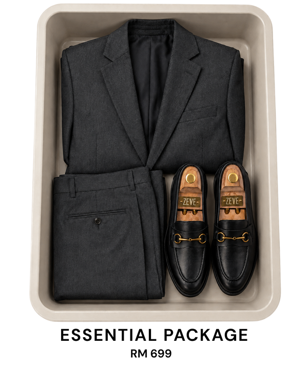 Men's formal suit with black loafers in essential package, stylish apparel and handmade shoes for Malaysia
