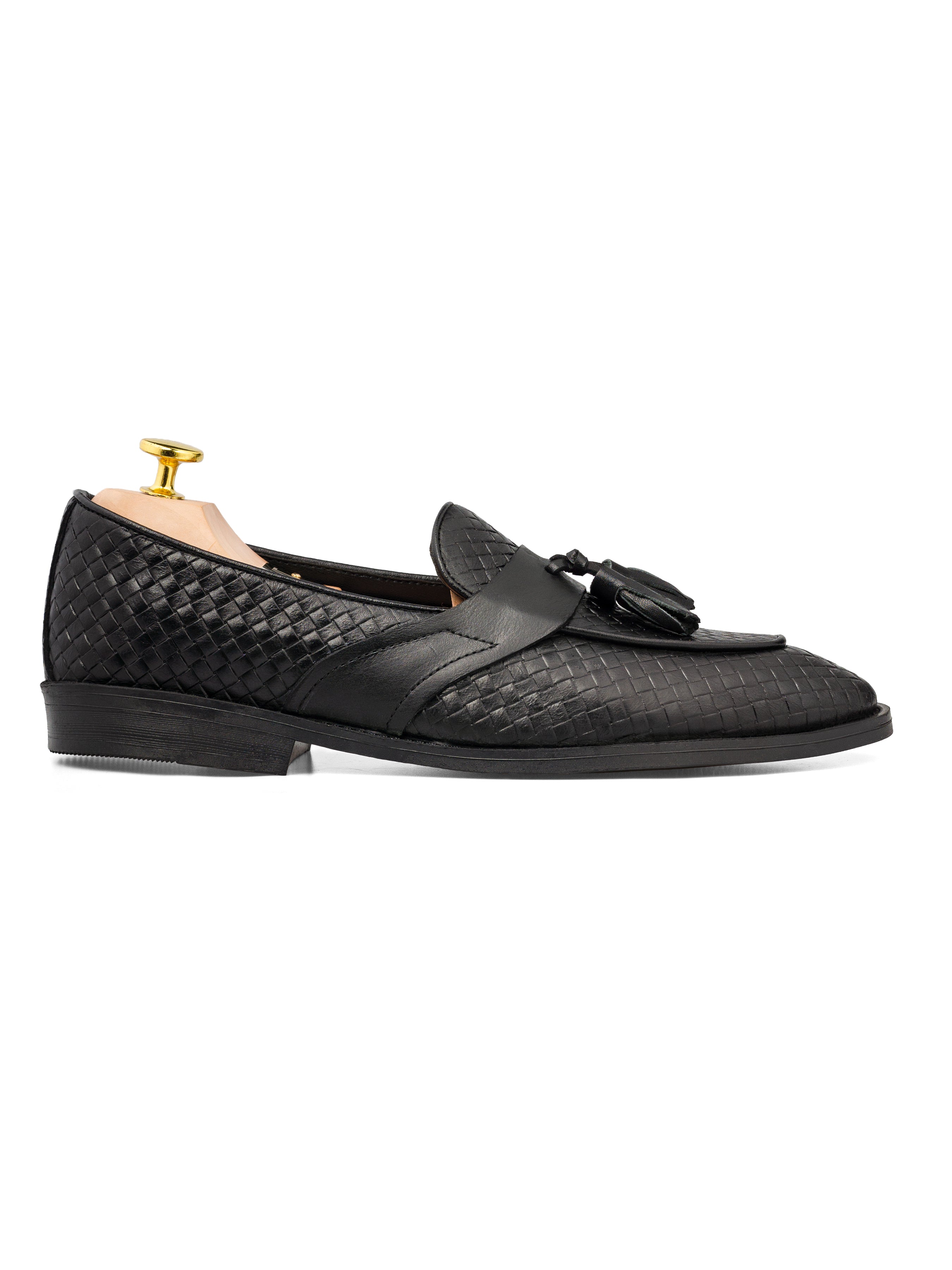 Belgian Loafer Tassel - Black Woven Leather with Solid Strap (Flexi Sole)