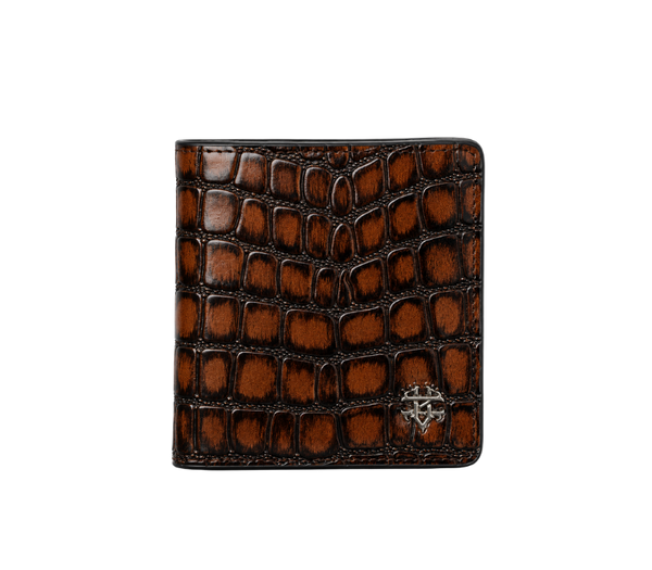 Brown crocodile texture leather wallet with metallic emblem, men's luxury accessory