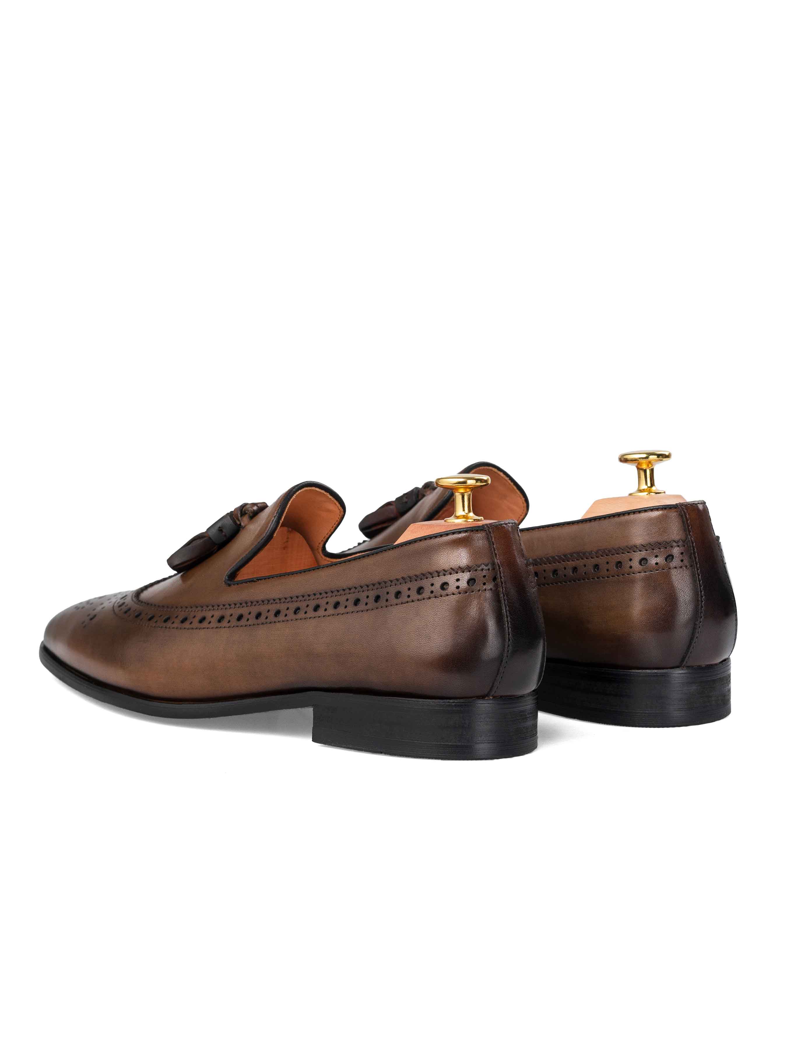 Loafer Slipper Longwing Brogue - Khakis with Tassel (Hand Painted Patina)