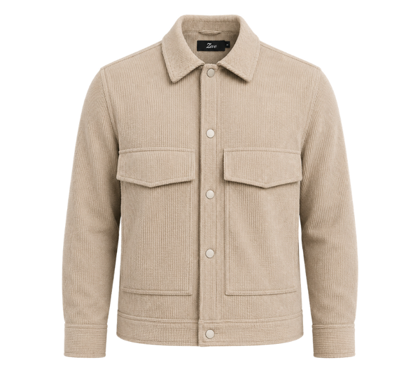 Beige corduroy men's jacket with button front and chest pockets, stylish casual outerwear