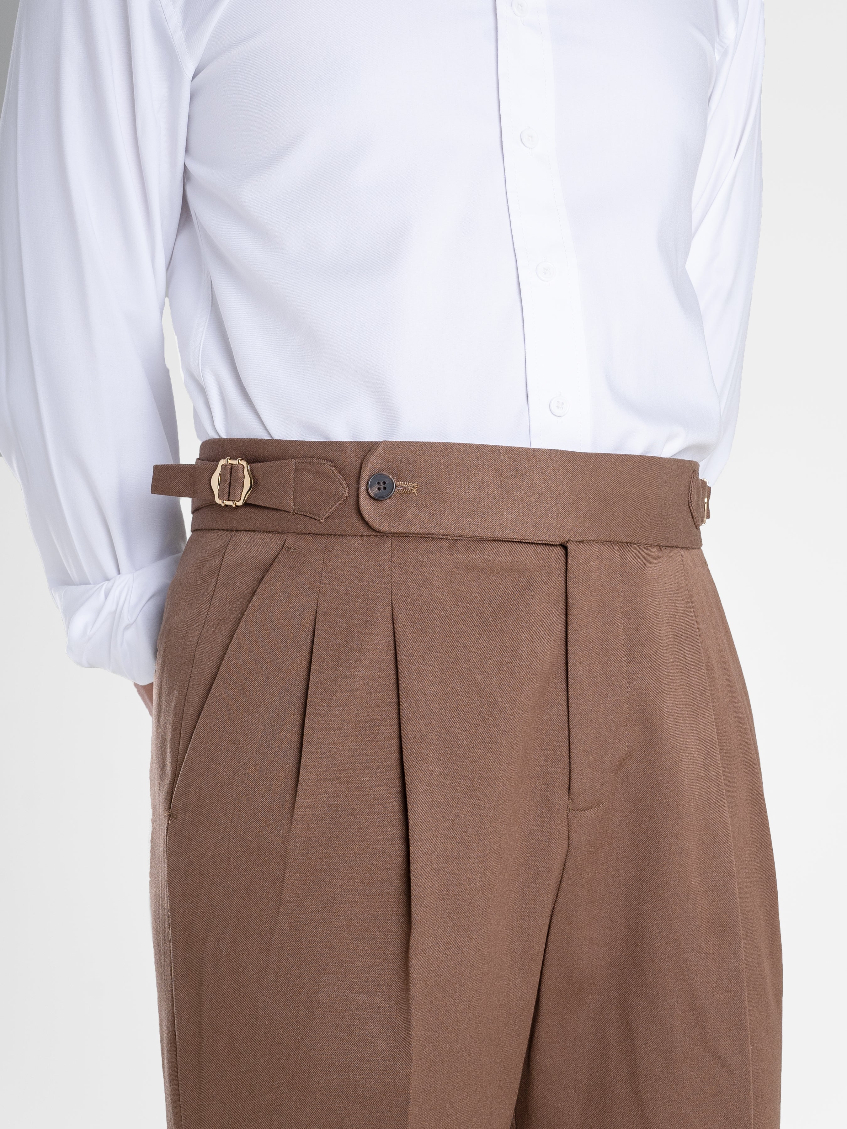 Trousers With Side Adjusters - Brown Plain Cuffed (Stretchable)