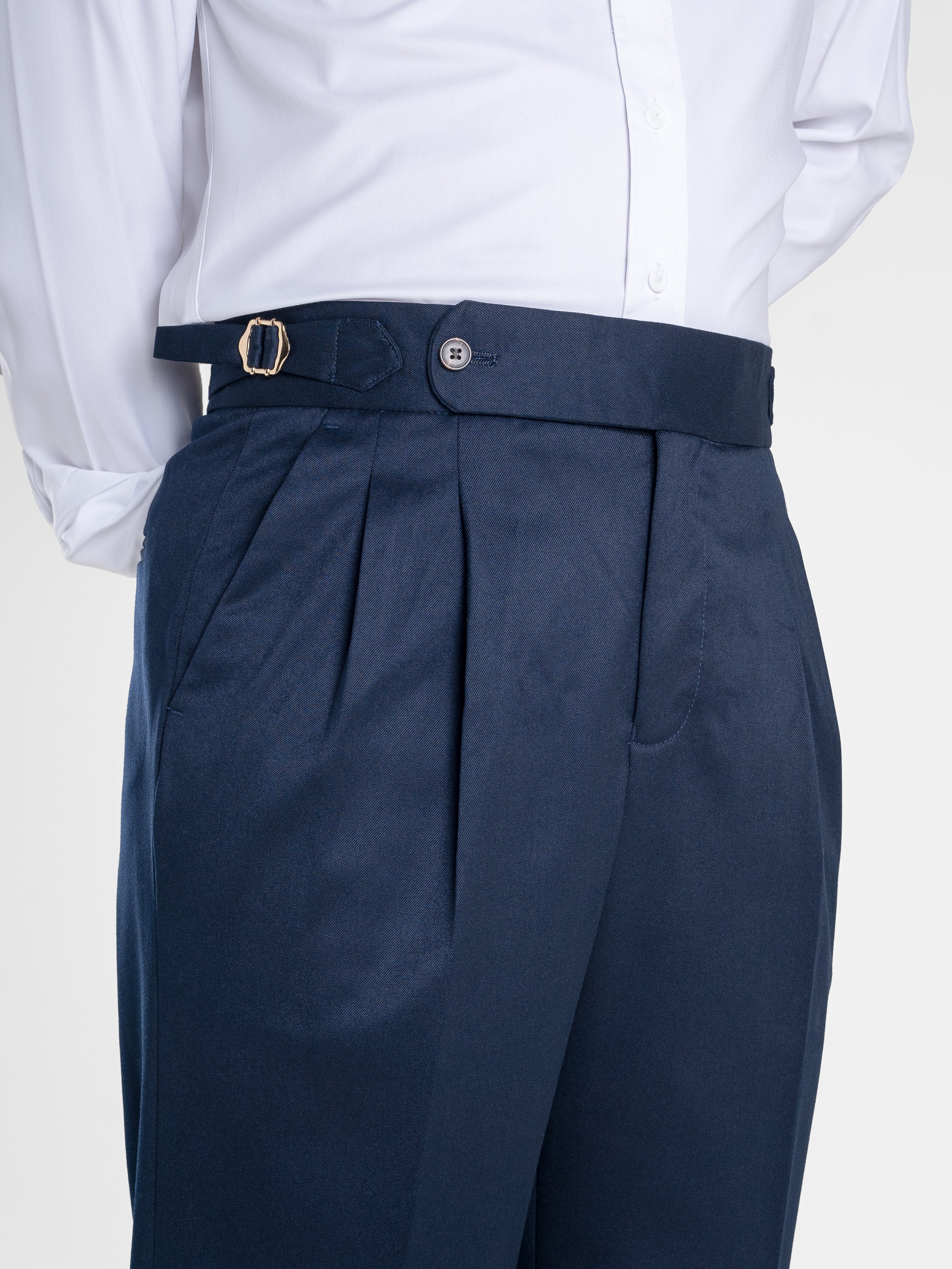 Trousers With Side Adjusters - Deep Blue Plain Cuffed (Stretchable ...
