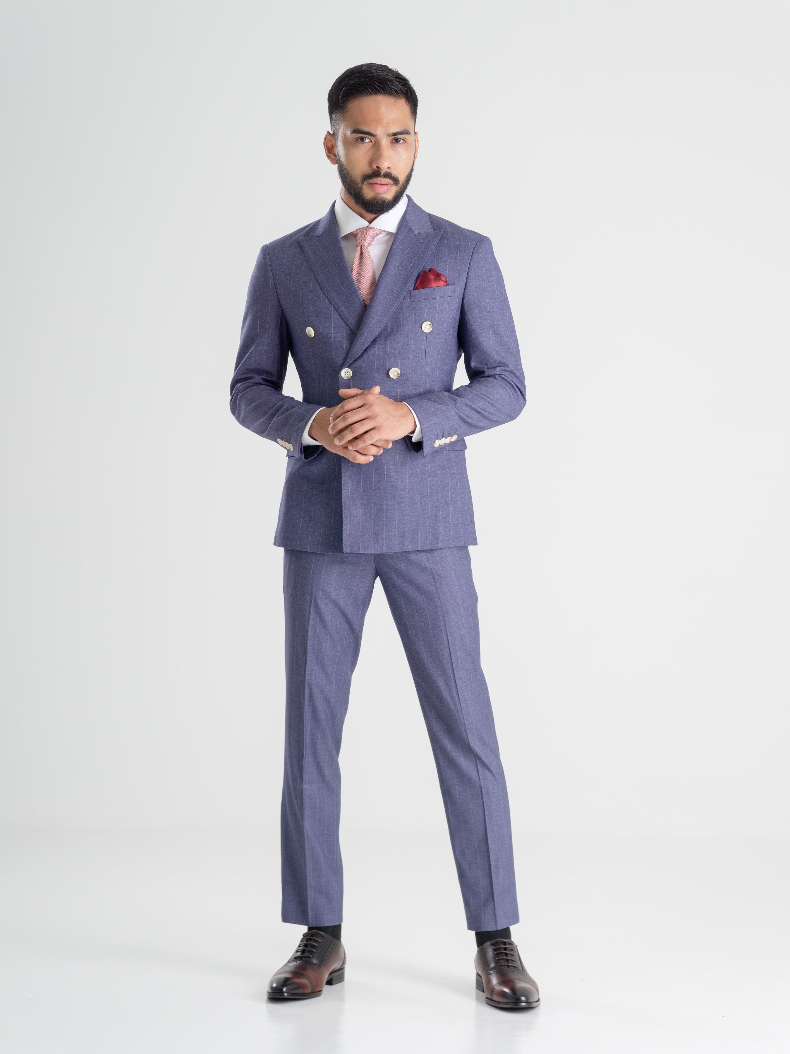 Double Breasted Suit Blazer - Iris Blue Stripes (Peak Lapel 