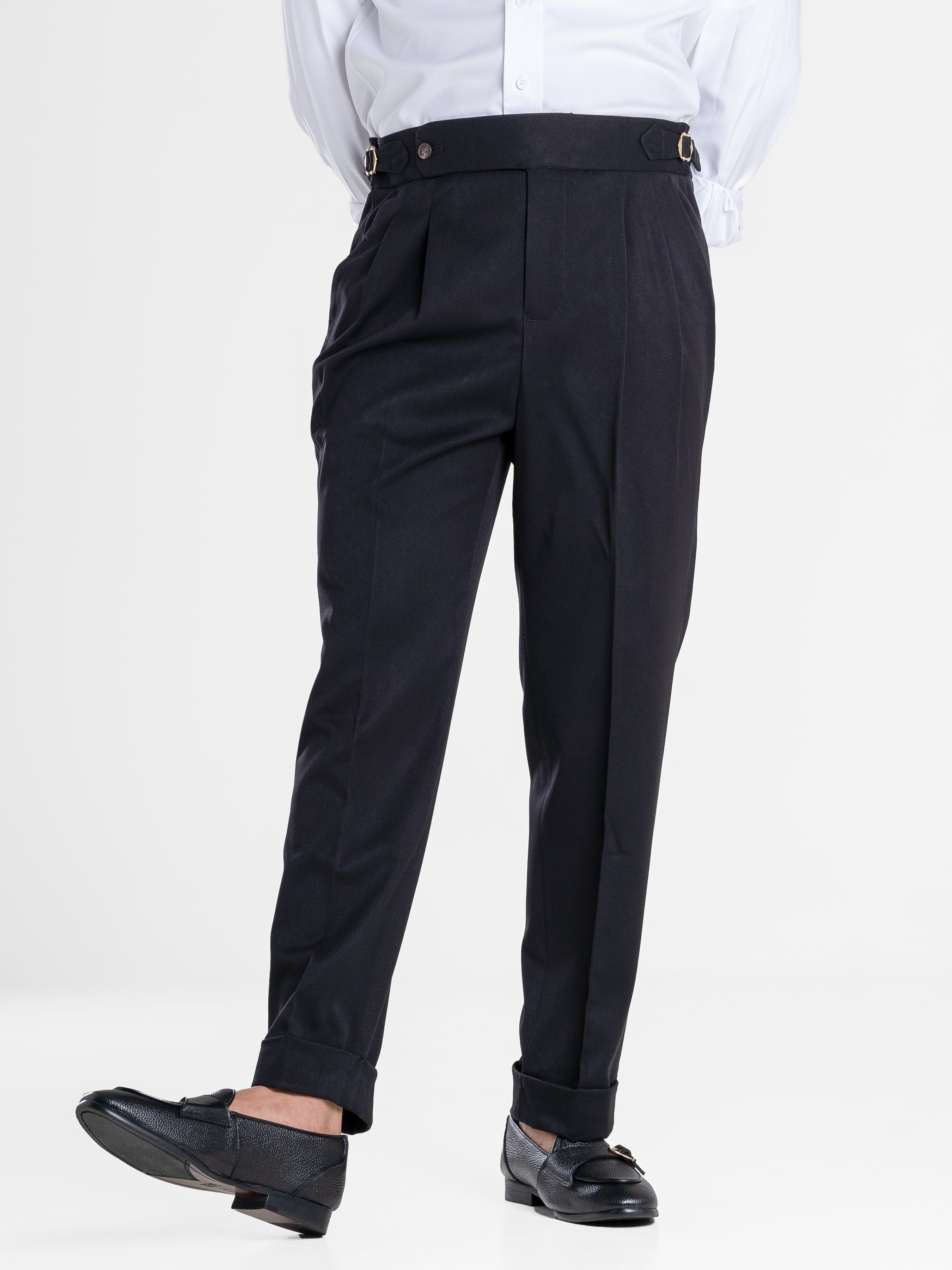 Trousers With Side Adjusters - Black Solid Cuffed (Stretchable)
