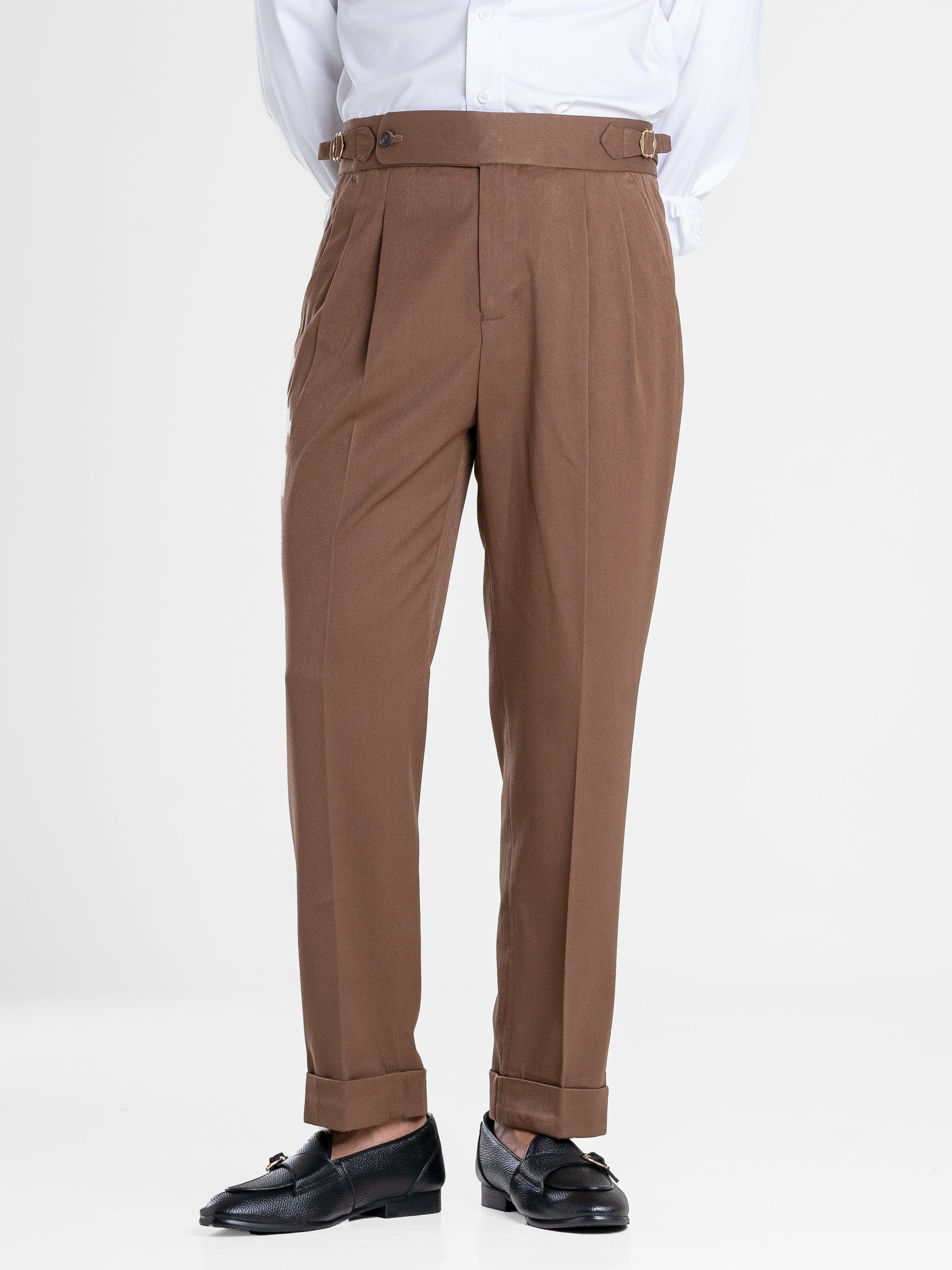 Trousers With Side Adjusters - Brown Plain Cuffed (Stretchable) | Zeve ...