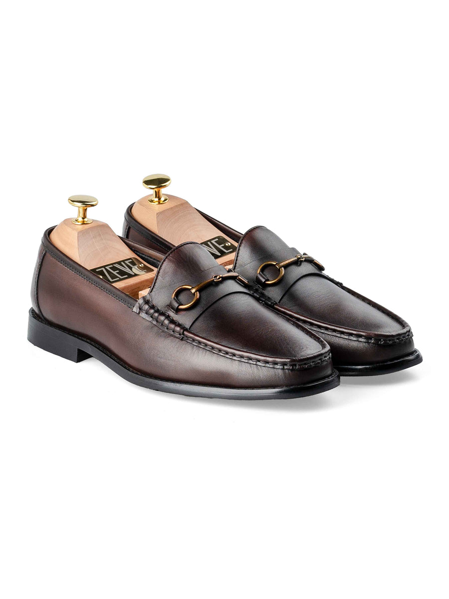 FrontHorsebitMoccasinLoaferDarkBrownHandPaintedPatina - Zeve