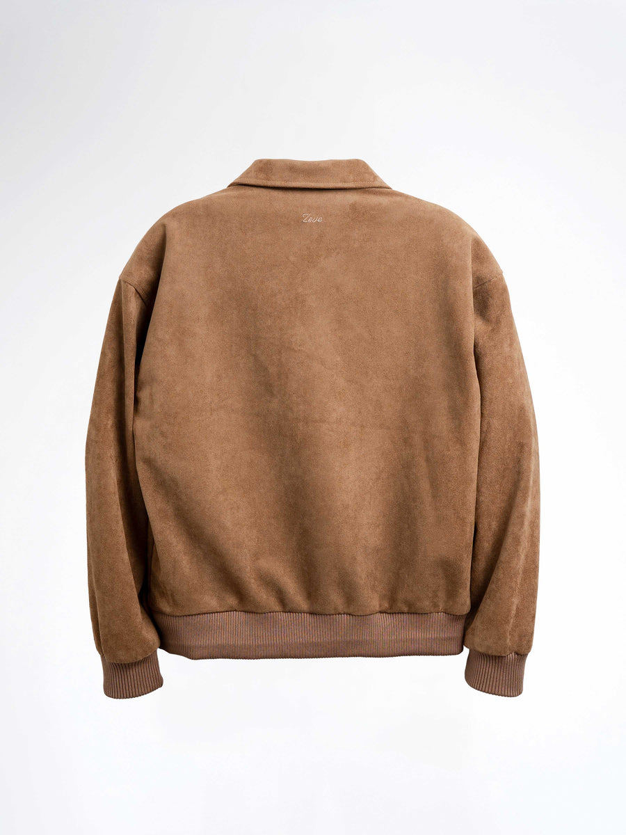 Brown suede men's jacket with embroidered logo, stylish casual outerwear for Malaysia fashion