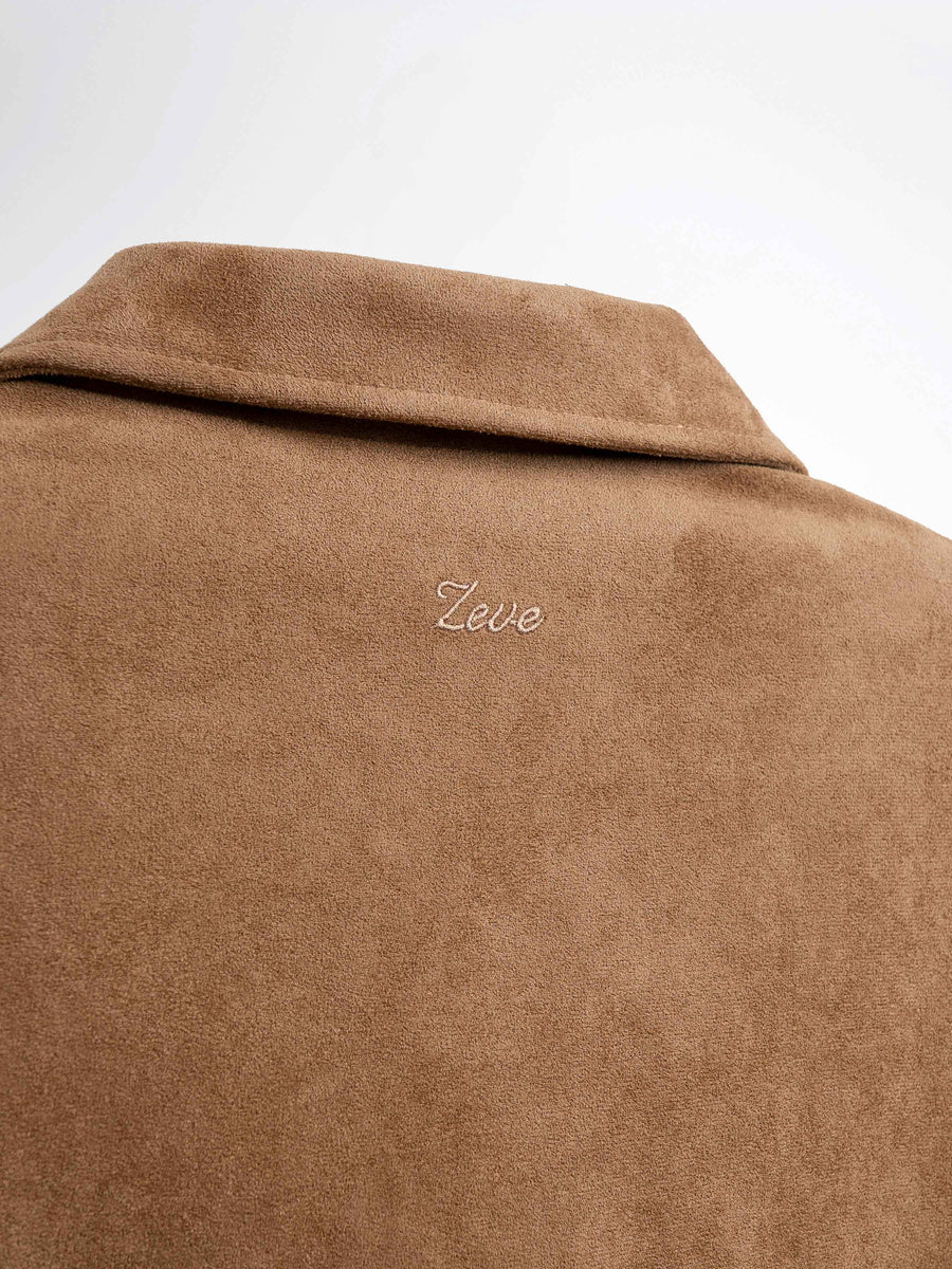 Tan suede men's jacket with embroidered Zeve logo, stylish apparel for formal or casual wear