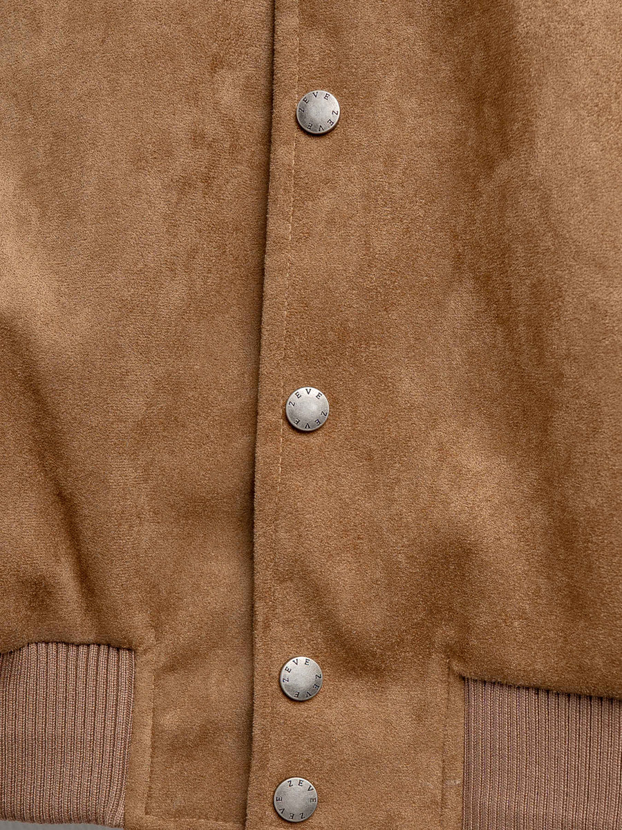 Brown suede men's jacket with branded buttons and ribbed cuffs, stylish outerwear for Malaysia