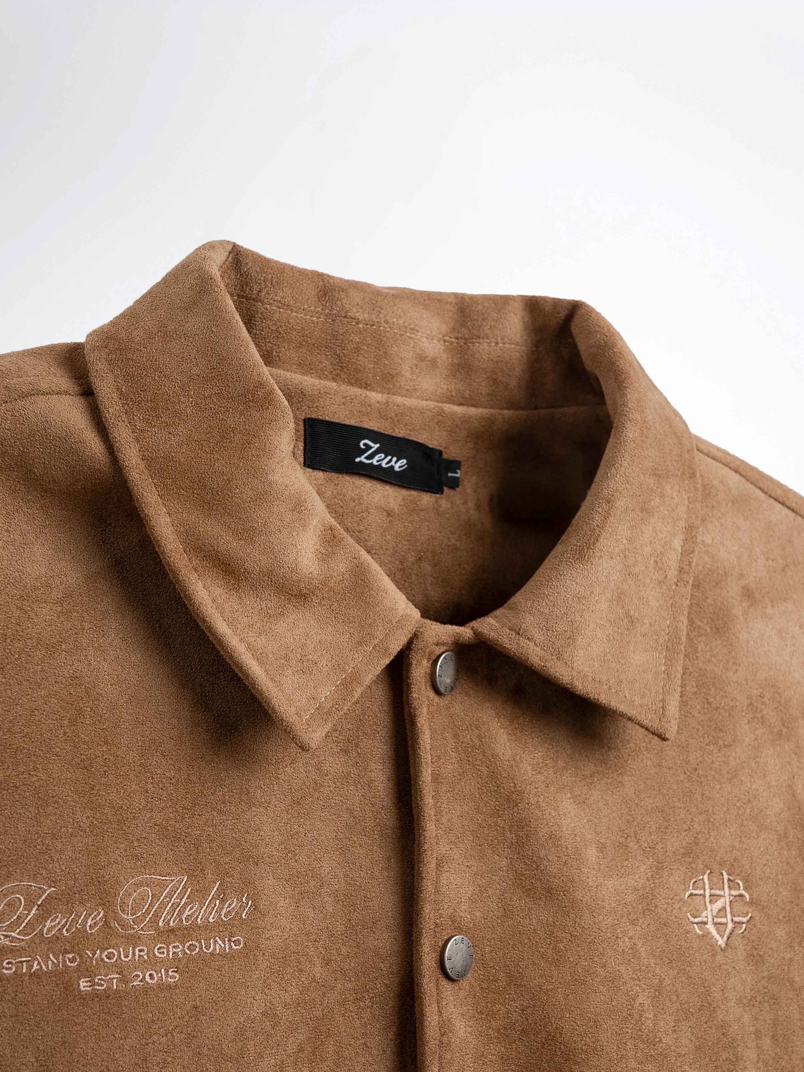 Brown suede men's shirt with embroidered logo and brand tag, stylish casual apparel