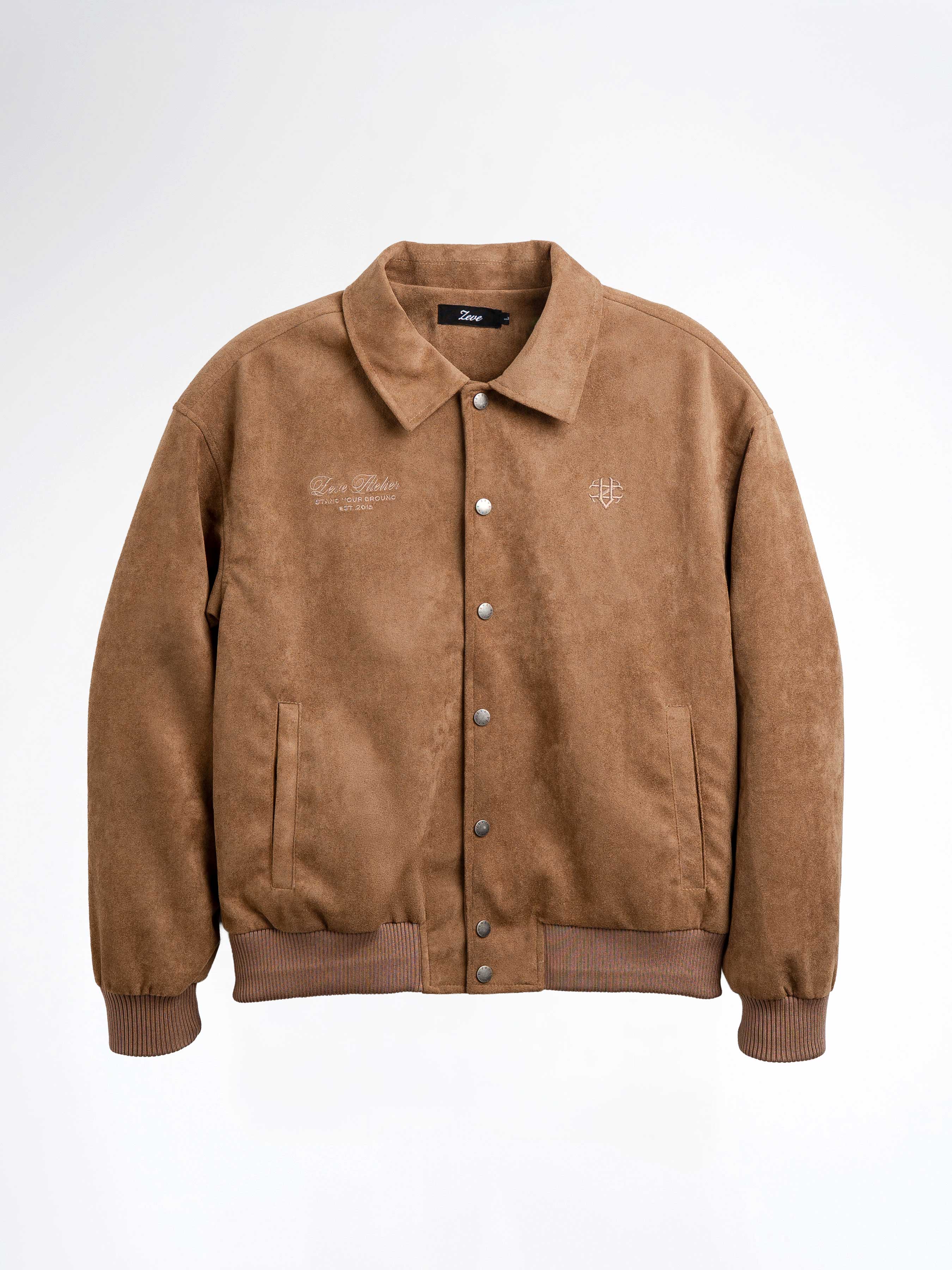 Brown suede men's bomber jacket with embroidered logo and button front, stylish casual outerwear