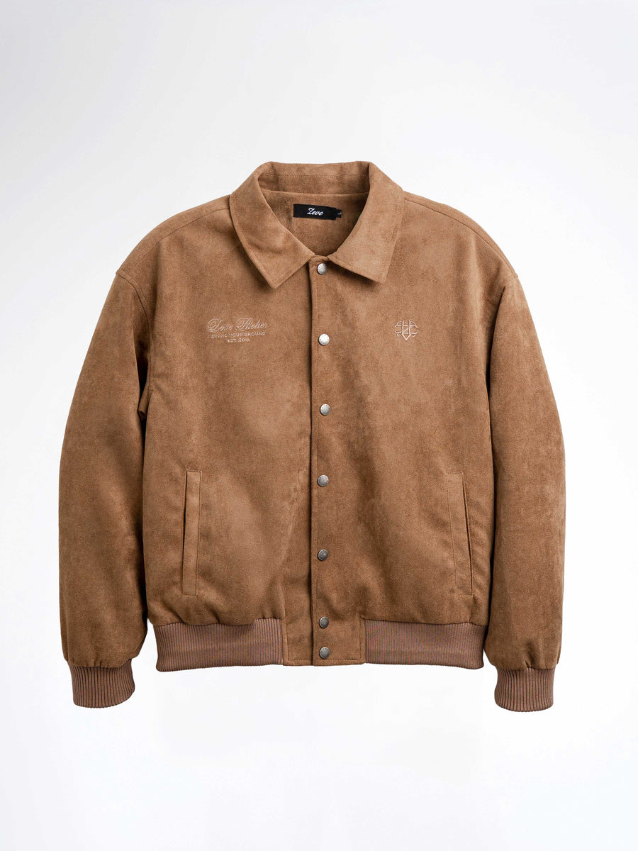 Brown suede men's bomber jacket with embroidered logo and button front, stylish casual outerwear