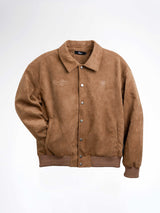 Brown suede men's bomber jacket with embroidered logo and button front, stylish casual outerwear