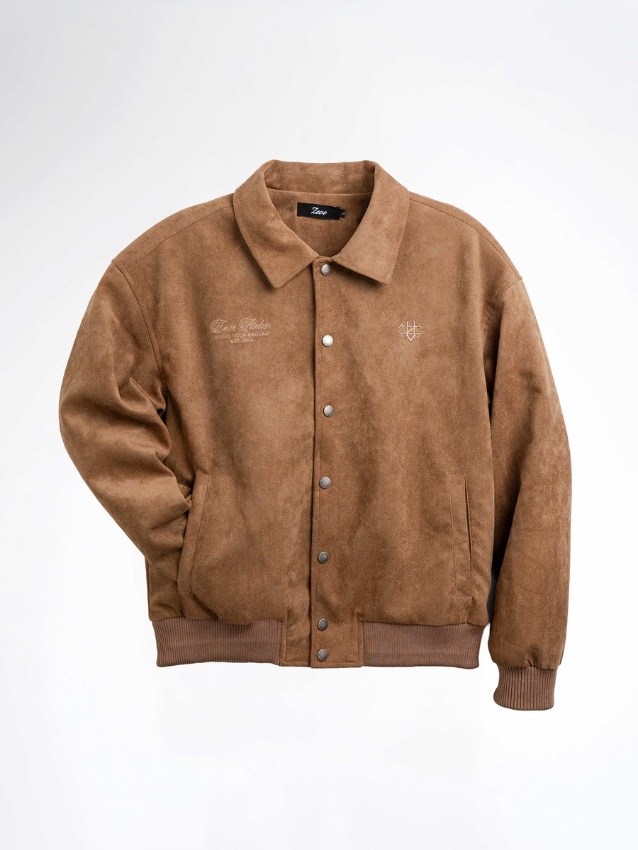 Brown suede men's bomber jacket with embroidered logo and button front, stylish casual outerwear