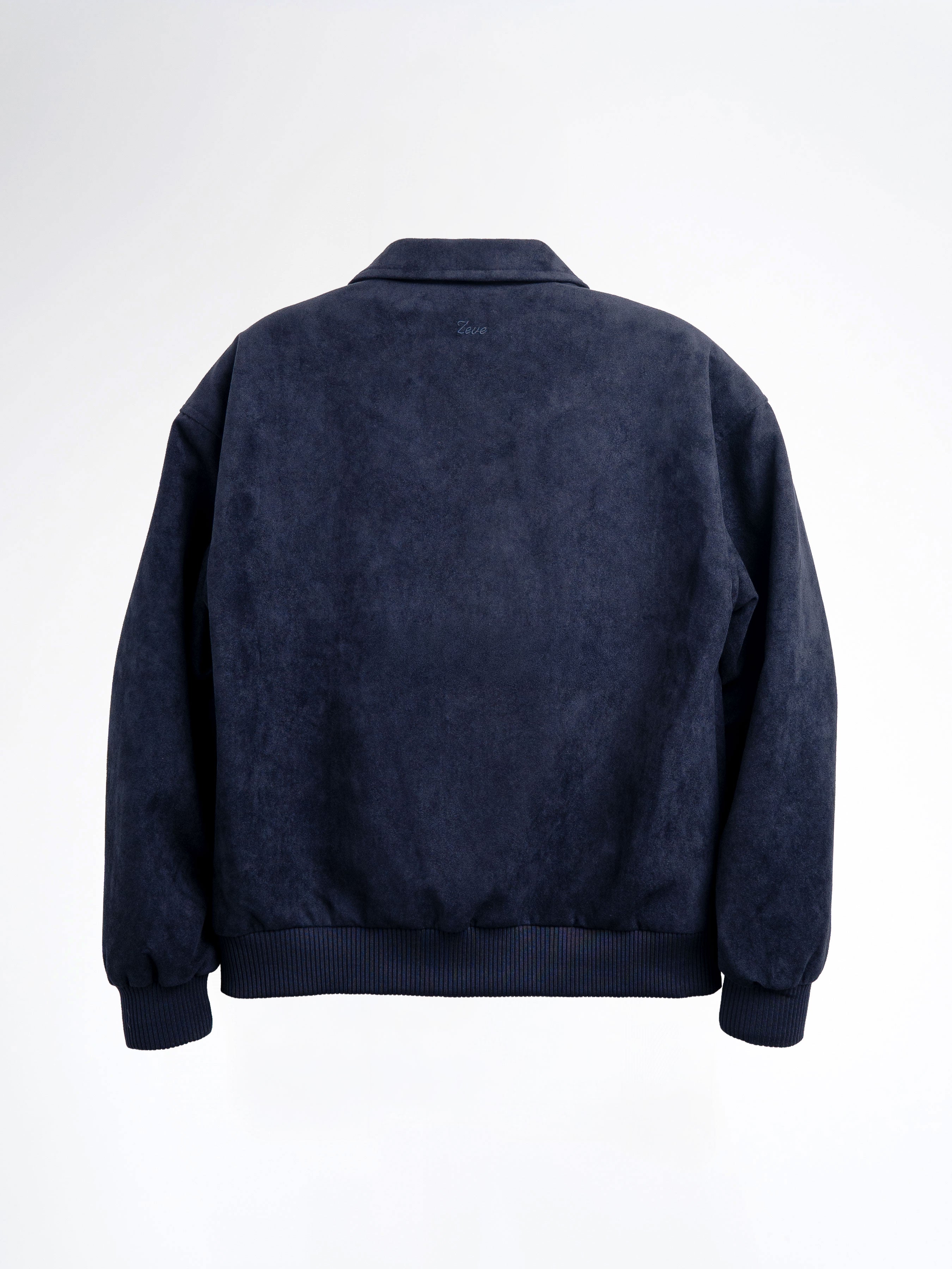 Navy blue men's suede bomber jacket with ribbed cuffs and collar, back view