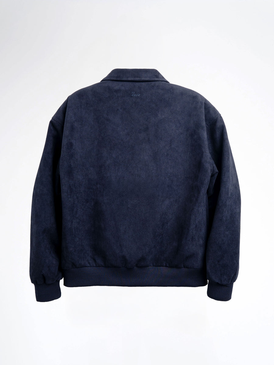 Navy blue men's suede bomber jacket with ribbed cuffs and collar, back view