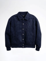 Navy blue men's suede bomber jacket with embroidered logo, button front, and ribbed cuffs for stylish casual wear.