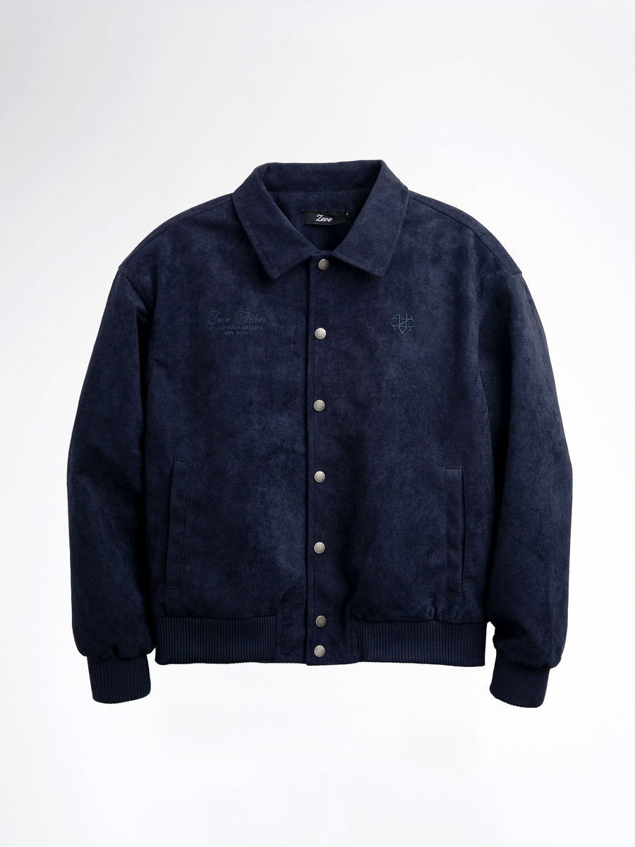 Navy blue men's suede bomber jacket with embroidered logo, button front, and ribbed cuffs for stylish casual wear.