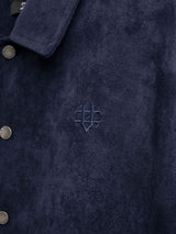 Navy men's jacket with embroidered logo and branded buttons, stylish apparel for formal wear
