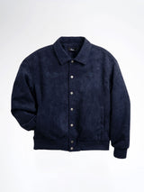 Navy blue men's suede bomber jacket with embroidered logo, button front, and ribbed cuffs for stylish casual wear.