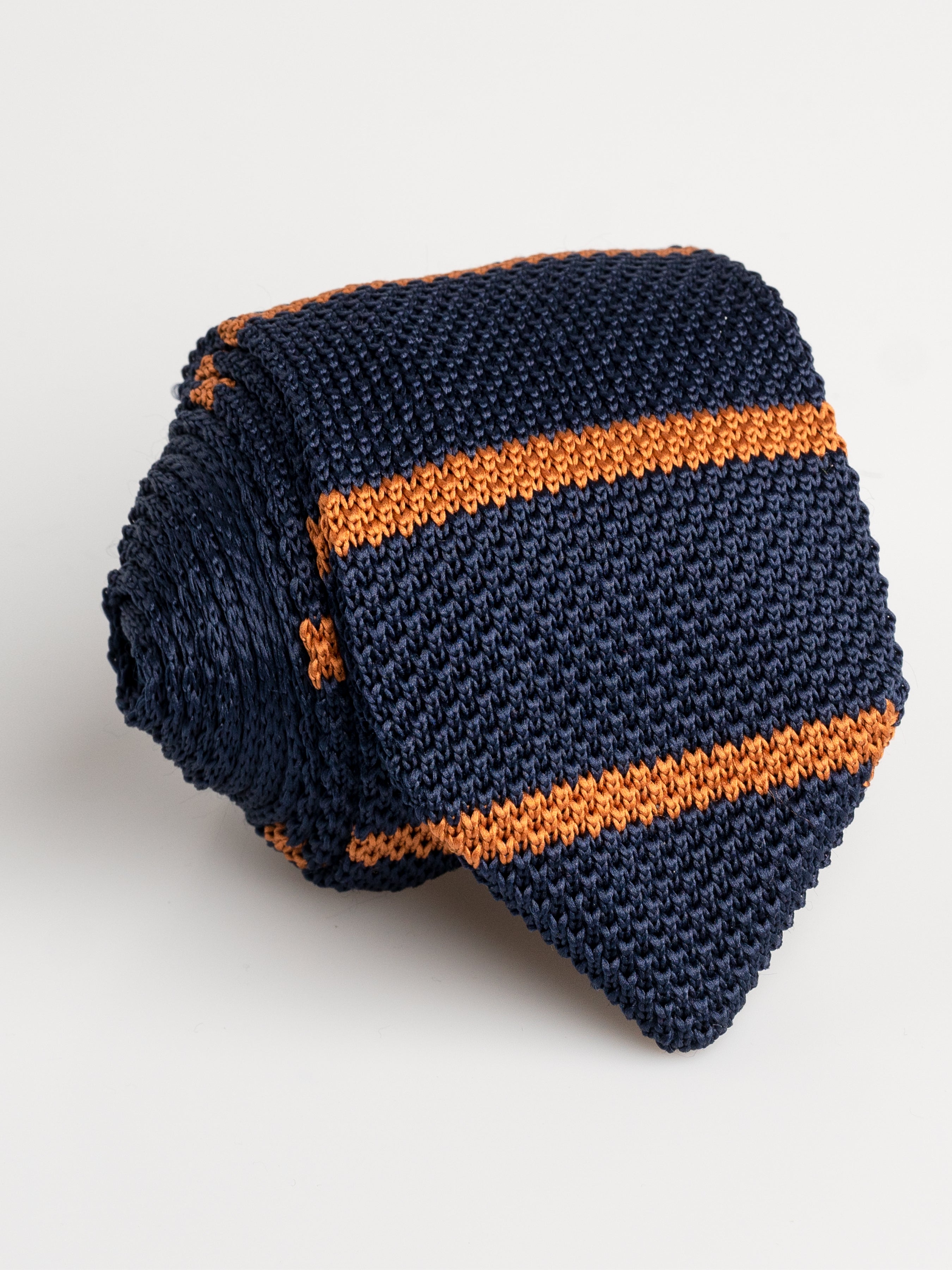 Knit Tie - Navy Blue With Light Orange Stripes