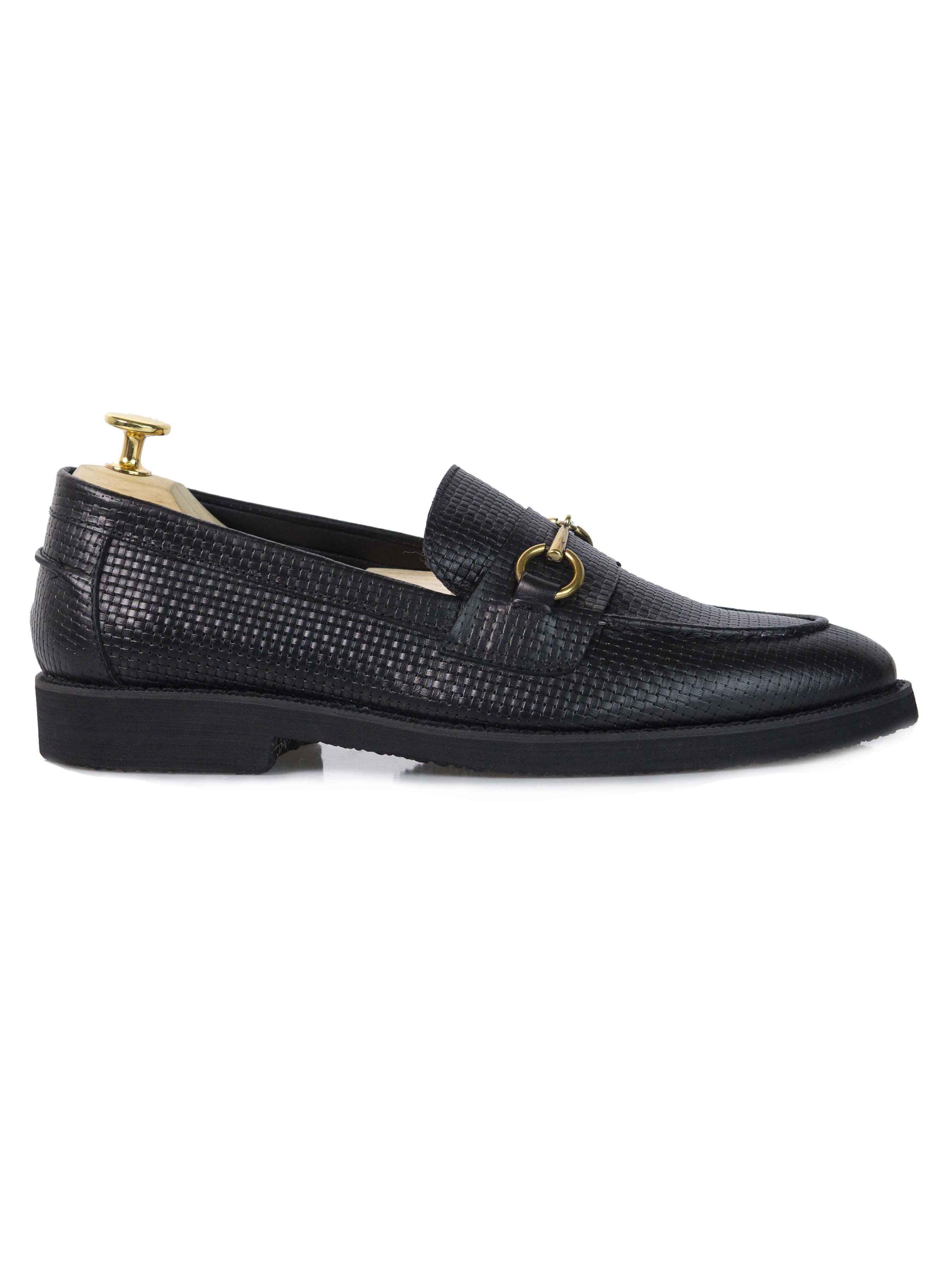 Penny Loafer Horsebit Buckle - Black Woven Leather (Crepe Sole)