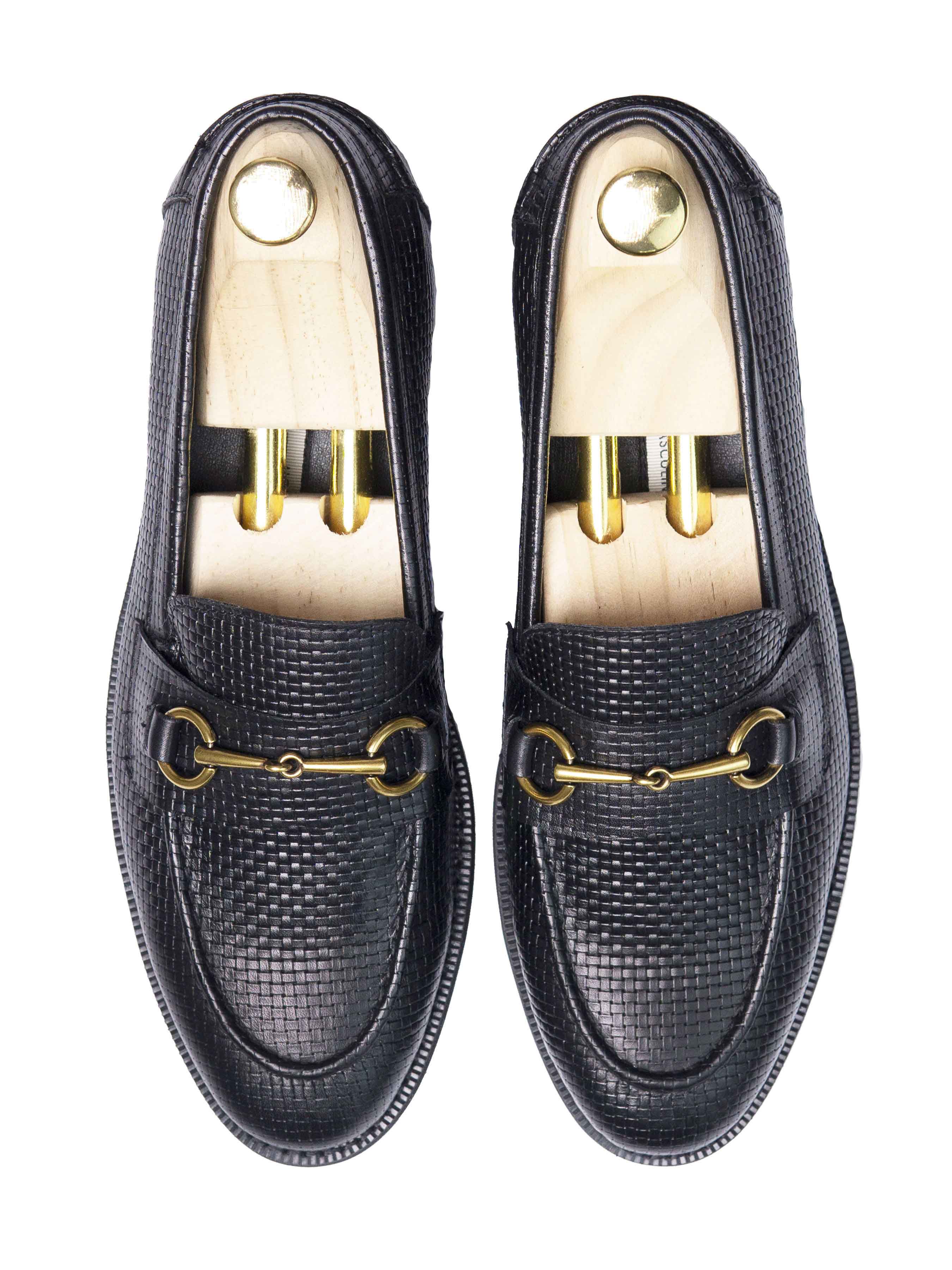 Penny Loafer Horsebit Buckle - Black Woven Leather (Crepe Sole)