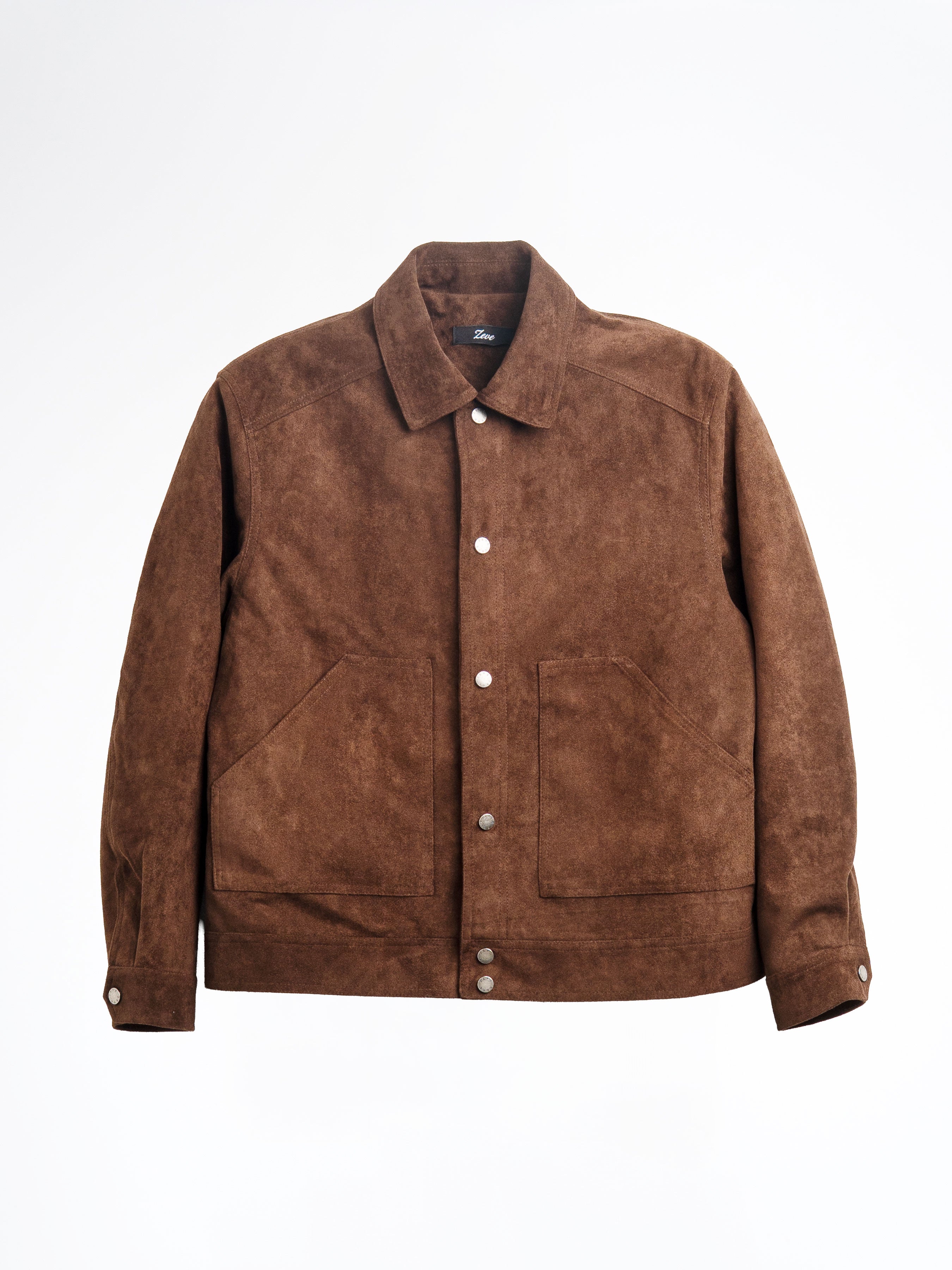 Brown suede men's jacket with button front and chest pockets, stylish casual outerwear