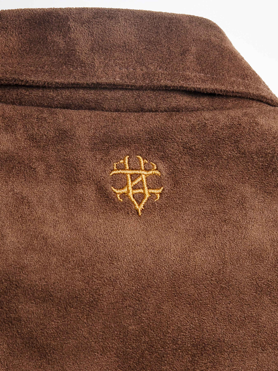 Brown suede men's jacket with gold embroidered logo detail