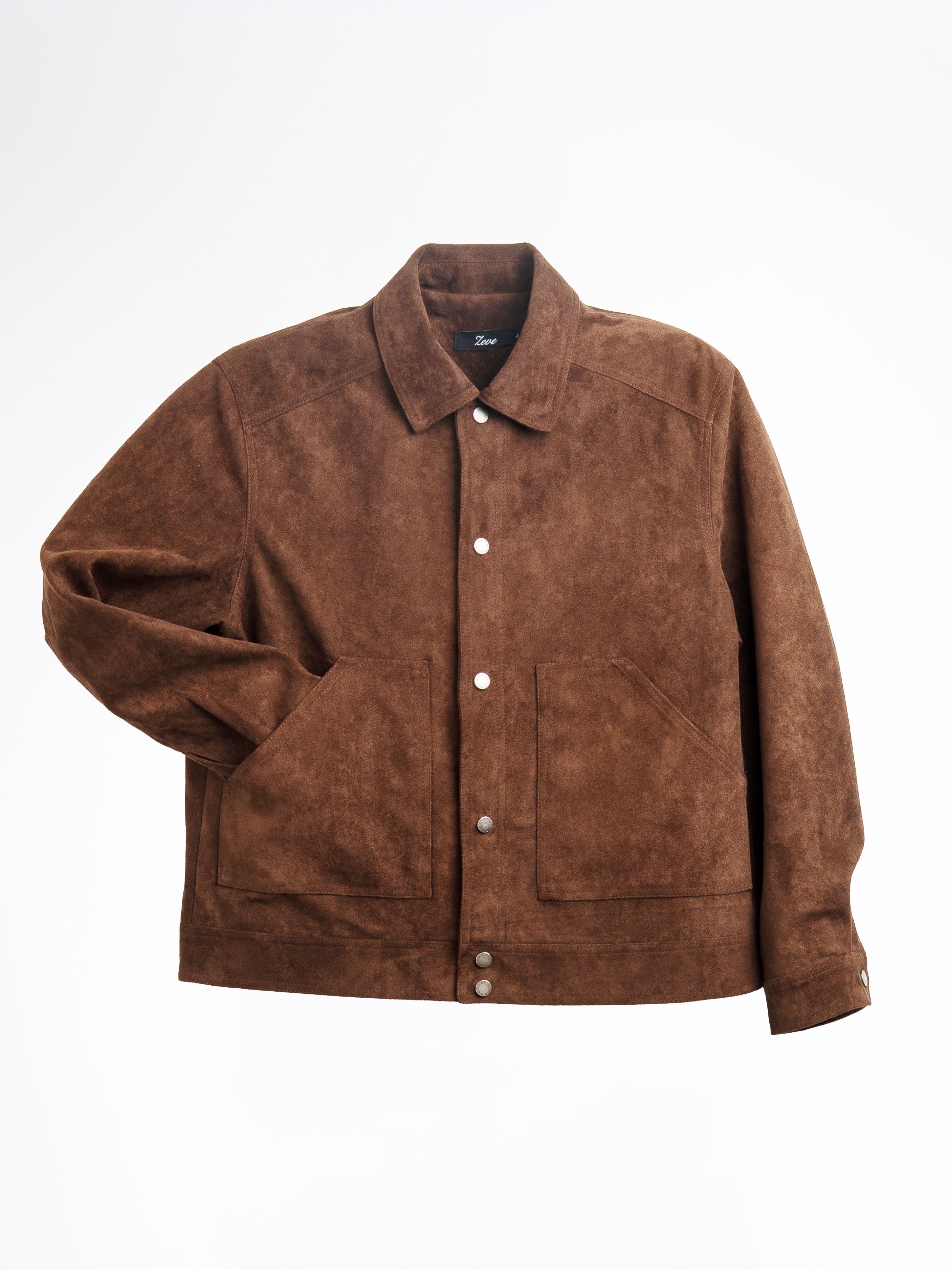 Brown suede men's jacket with button front and chest pockets, stylish casual outerwear