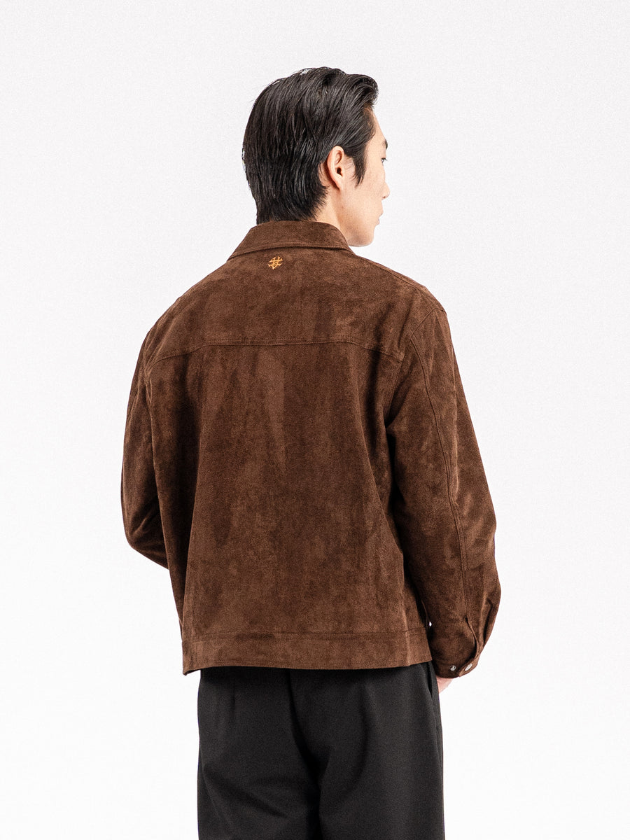 Men's brown suede jacket with embroidered logo, stylish casual wear for modern fashion