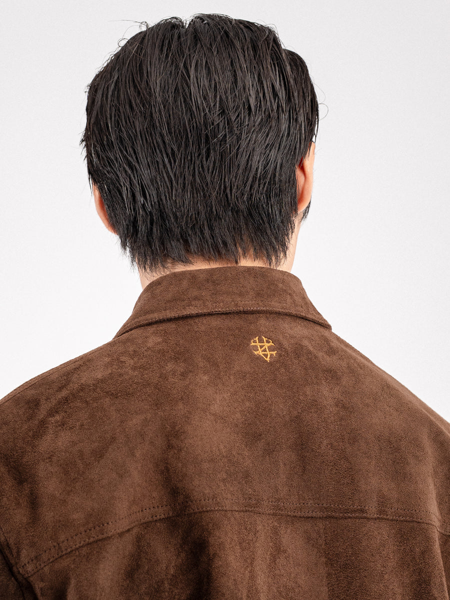 Brown suede men's shirt with gold logo, back view, stylish casual wear