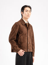 Man wearing brown suede jacket with shirt and tie, stylish men's apparel