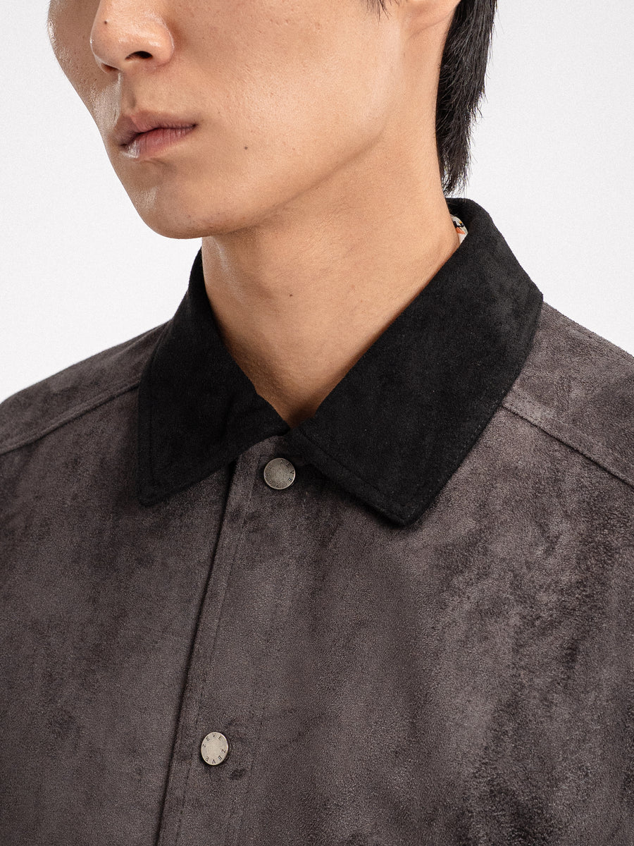 Men's dark gray suede shirt with black collar and button detail, stylish casual wear