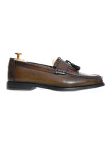 Men's brown hand-painted leather fringe loafer with tassel, classic formal shoe